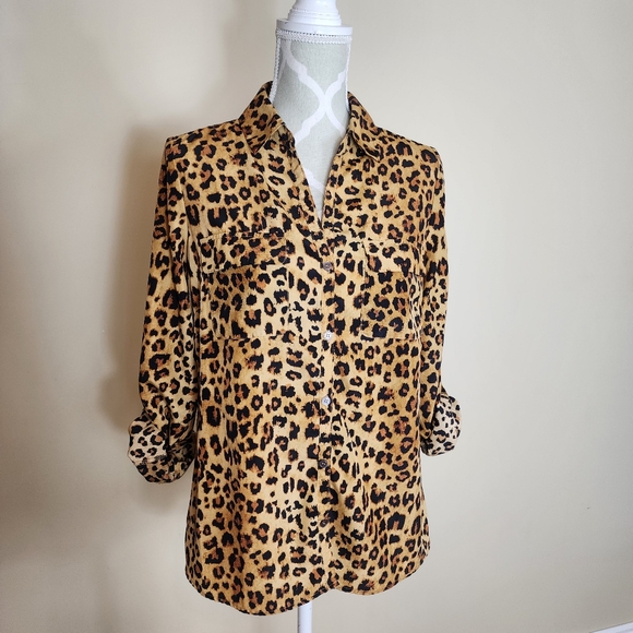 SUNG Alfred Sung Leopard Print Blouse Top Button Down Shirt Animal Print Small - Picture 2 of 14